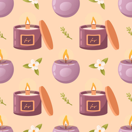 Scented burning soy candle in a glass with a wooden wick, round purple. Hygge, boho style, creating coziness, interior design. Aromatherapy, wellness, relaxation. Small business, handmade. Seamless pattern for wallpaper, fabric, wrapping, backgroundのイラスト素材