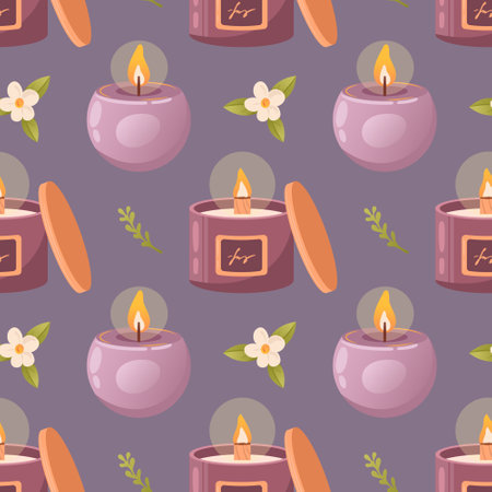 Scented burning soy candle in a glass with a wooden wick, round purple. Hygge, boho style, creating coziness, interior design. Aromatherapy, wellness, relaxation. Small business, handmade. Seamless pattern for wallpaper, fabric, wrapping, backgroundのイラスト素材