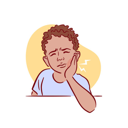 A little black boy with a beard has a severe toothache. A guy with bad teeth grabs his cheek. Acute pain. Pulpitis, caries. Hand drawn vector illustration in sketch style.のイラスト素材
