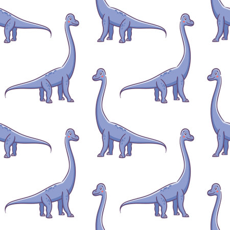 Seamless pattern Brontosaurus, Brachiosaurus, Diplodocus. Herbivorous cute dinosaur, Asian kawaii style. Prehistoric lizard, mascot. Cartoon character illustration for wallpaper, wrapping, backgroundのイラスト素材