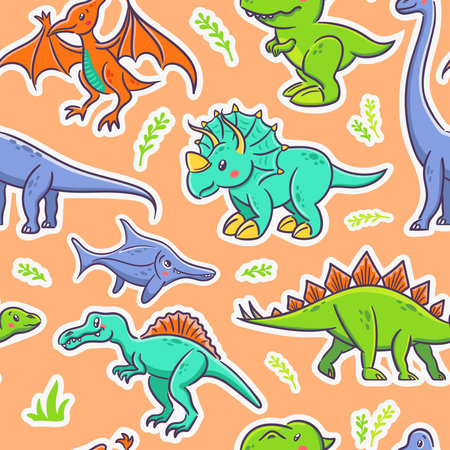 Seamless pattern of cute dinosaurs in Asian kawaii style. Tyrannosaurus rex, stegosaurus, triceratops, pterosaur, spinosaurus, ichthyosaur, diplodocus. Prehistoric predatory lizard for wrappingのイラスト素材