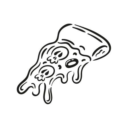 Cute pizza with scary Halloween decorations. Mozzarella or mushroom skulls. Colorful fantasy food illustration in doodle style. For posters, postcards, banners, design elementsのイラスト素材