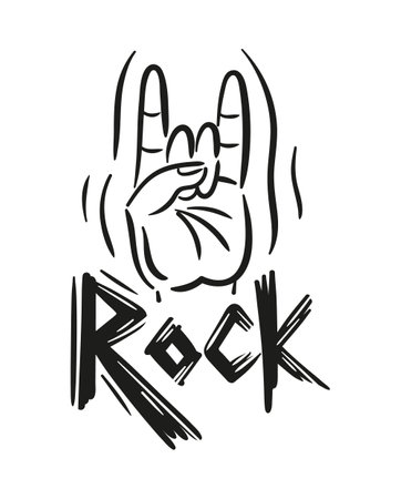 Horns sign, Cool hand gesture, goat. Vector hard rock illustration. Informal subculture, freak. Grunge lettering, sketch drawing. Heavy metal, Music. For for music festival, logo, posters, designのイラスト素材