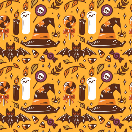 Halloween Themed Pattern featuring an array of Spooky Elements for a festive atmosphere. Ritual candles, witch hat, bats. Seamless pattern for wallpaper, fabric, wrapping, background.のイラスト素材