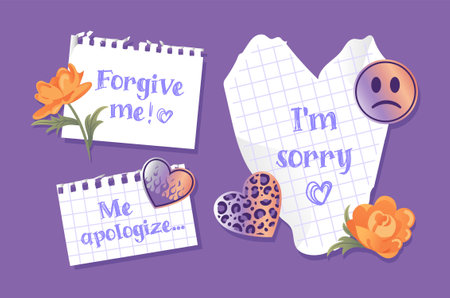 Sorry sign. Notes with apologies and flowers. Collage, torn sheets, notebook. Metallic holographic...
