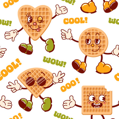 Seamless pattern of Viennese waffles, cute retro cartoon characters. Delicious soft sweets. Groovy, vintage. Trendy old style. Smiling, winking, cool in sunglasses, joyful, cunning. For menu, cafe,のイラスト素材