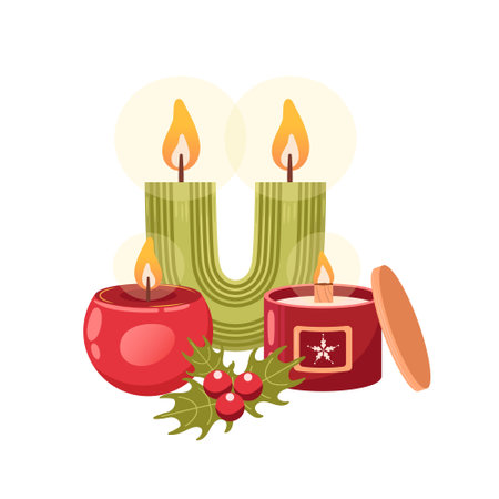Composition of aromatic burning soy Christmas candles, holly, holiday decor, coziness. Aromatherapy, relaxation. Small business, handmade. Hand drawn flat vector illustration.のイラスト素材