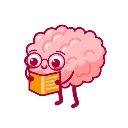 Brain with glasses reads a book. Cute cartoon character in kawaii style. Healthy organ, nervous system. Vector illustration, flat style. mental health. Training, back to school. Cognitive function training.のイラスト素材