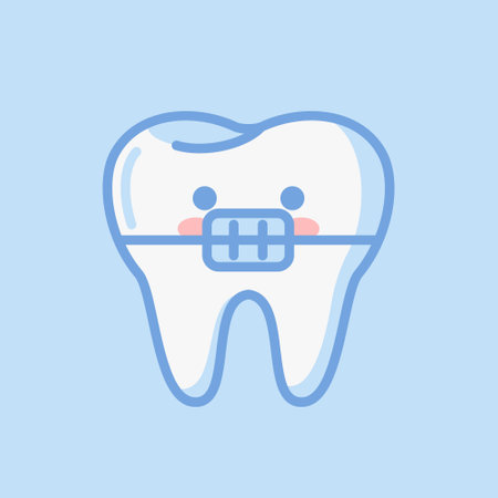 Adorable character, tooth with braces. kawaii style. This vector illustration has a flat design and is ideal for stickers, books or as a design element. Ideal for medical brochure templates.のイラスト素材