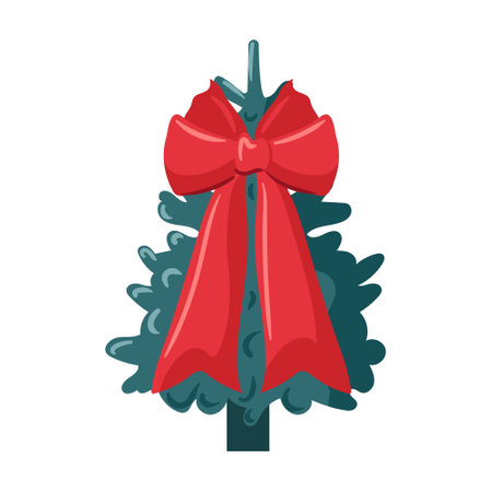 This trendy Christmas tree features a stunning large red bow, beautifully showcasing the joy of the season. The flat style vector illustration emphasizes a modern and festive holiday spirit.のイラスト素材