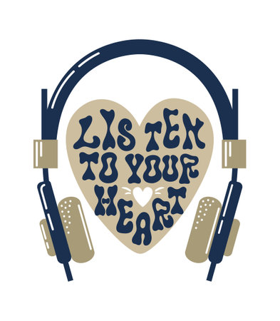 vector illustration showcases vintage headphones combined with groovy style lettering that says Listen to Your Heart. It embodies a retro vibe, perfect for music lovers and creative designs.のイラスト素材