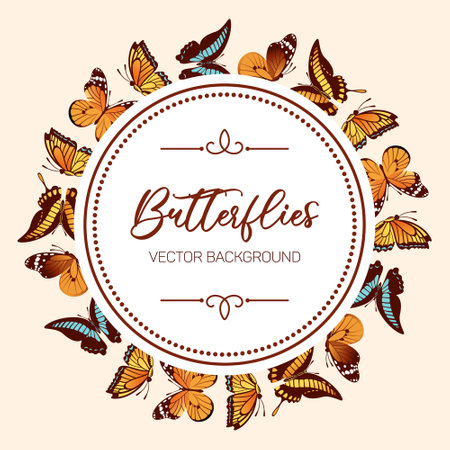 A vintage round frame adorned with gracefully flying butterflies captures the essence of timeless beauty and nature s elegance. Perfect for adding a charming touch to any design project or artwork.のイラスト素材