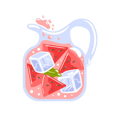 vector illustration depicts a refreshing watermelon lemonade in a glass pitcher, filled with ice cubes. colors and inviting design capture the essence of summer, perfect for beverage menus, cookbooksのイラスト素材