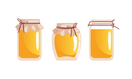A vector illustration of honey jars of various shapes and sizes, each filled with golden, shiny honey. The jars are decorated with canvas fabric and rustic twine, showcasing their artisanal appeal.のイラスト素材