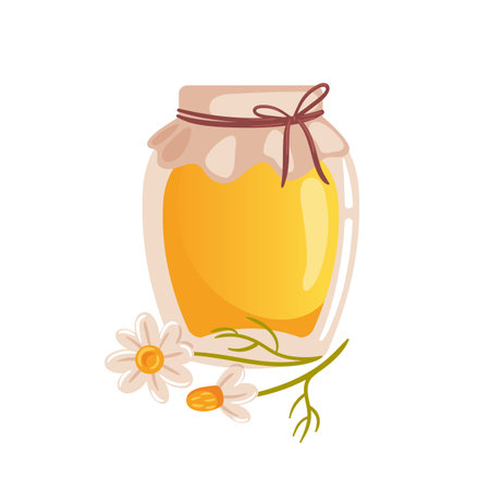 A charming vector illustration depicting a jar of wildflower honey alongside a delicate chamomile flower. The warm honey glows in the light, highlighting the natural beauty and sweet essence of nature s bounty.のイラスト素材