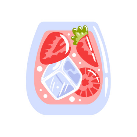 Refreshing strawberry lemonade in a clear glass, garnished with fruit pieces and mint leaves, topped with ice cubes, served with a colorful straw. Perfect for a hot summer day.のイラスト素材