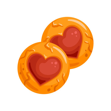 This vector illustration showcases heart-shaped cookies, beautifully filled with vibrant jam. Ideal for sweet treats, festive celebrations, and romantic occasions, adding charm to any dessert design.のイラスト素材