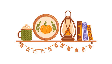 This charming vector illustration features a cozy fall decor shelf adorned with cute pumpkin embroidery and a warm lantern, creating an inviting ambiance perfect for the autumn season.のイラスト素材