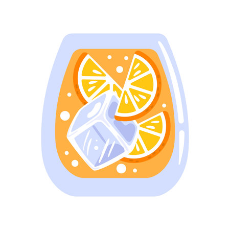illustration featuring a glass filled with ice cubes and fresh orange slices. captures the essence of a refreshing beverage, perfect for summer and tropical themes. Ideal for drink-related projects.のイラスト素材