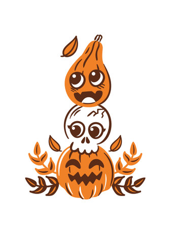 kawaii Halloween illustration features a charming pyramid of cute pumpkins, an adorable skull. The playful design blends spooky and sweet elements, perfect for festive decorations, seasonal projects.のイラスト素材