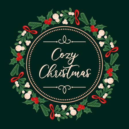 Cozy Christmas scene in a circular frame decorated with holly, mistletoe, and fir branches, featuring warm, festive colors and soft lighting for a charming vector illustration.のイラスト素材
