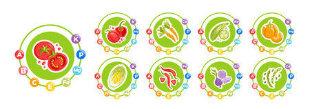 Colorful veggie collage tomato, bell pepper, Chinese cabbage, onion, zucchini, cucumber, pumpkin, and green beans, vibrant vitamins and minerals highlighted.のイラスト素材