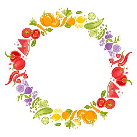 Round frame of vegetables and fruits a bright vector illustration featuring a circular border composed of diverse vegetables and fruits, vivid colors, clean lines, and balanced composition for eye-catching design.のイラスト素材