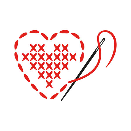 Cozy vector doodle a heart-shaped cross-stitch motif, needle and thread weaving tiny stitches, cheerful gridlines, warm colorful tones, handmade texture, charmingly quaint and playful.のイラスト素材
