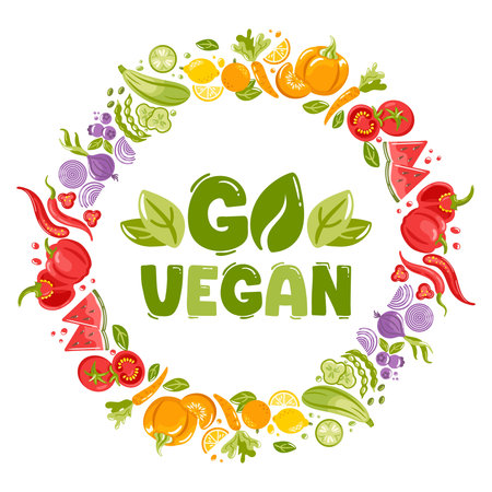 Round frame of vegetables and fruits a bright vector illustration featuring a circular border composed of diverse vegetables and fruits, vivid colors, clean lines, and balanced composition for eye-catching design.のイラスト素材