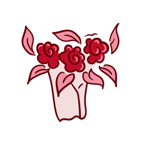 A bouquet of scarlet roses doodle with playful, looping lines, bold petals, and subtle shading to create a charming, hand-drawn aesthetic.のイラスト素材
