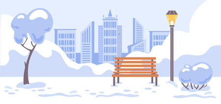 Winter park in a big city with snow-covered paths, bare trees, lampposts casting warm light, distant skyline, benches , soft blue-gray palette and minimal vector styleのイラスト素材