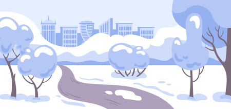 Winter park tucked between skyscrapers, stylized vector trees and benches, gentle snowfall, and clean geometric shapes in cool blues and whites.のイラスト素材