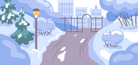 Winter city park at dusk snow-blanketed walkways, illuminated lampposts, firs and leafless trees, distant skyscrapers, in vector styleのイラスト素材