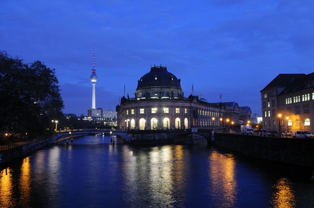 bodemuseum and television tower at night in berlinのeditorial素材