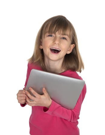  laughing blond girl with digital tabletの写真素材
