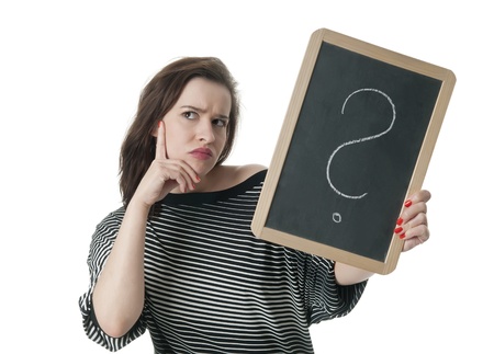 young woman with question markの写真素材