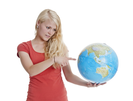 beautiful young blond woman showing globe beautiful young blond woman showing globe