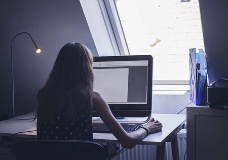 teenage girl sitting at the computerの写真素材