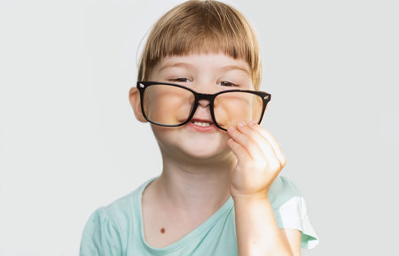 A cheerful little girl with glasses on her nose on a light background. A contented child with glasses. A joyful little girl with glasses smiles, feeling happy. Children's games paの写真素材