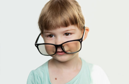 A pretty funny little girl with glasses on her nose on a light background. A contented child with glasses. A delighted little girl with glasses smiles, feeling happy. Children's gaの写真素材