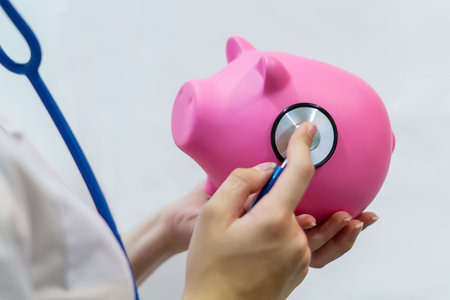 Close-up of a female doctor holding a cute pink piggy bank and listening to it with a stethoscope on a white background. Women's hands with a piggy bank close-up. Preservationの写真素材
