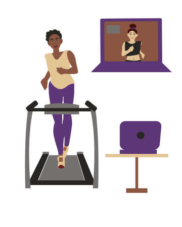 Workout online Dark-skinned woman on treadmillのイラスト素材