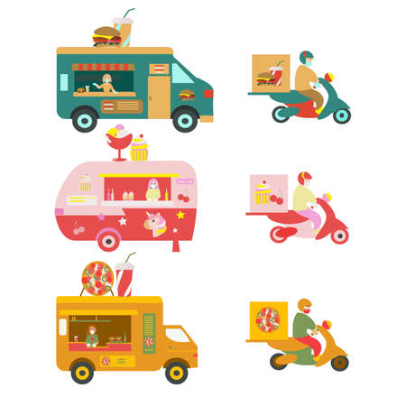 Food truck and moped delivery Pizza burger and ice cream Flat illustrationのイラスト素材