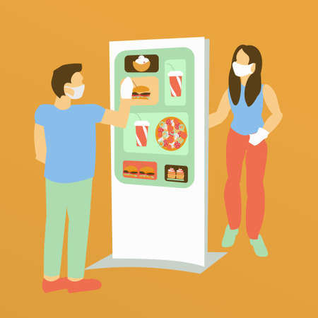 Men and women whith mask and gloves near food ordering touch kioskのイラスト素材