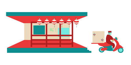 Moped delivery panasian food from restaurent Flash vector illustrationのイラスト素材