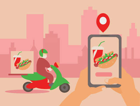 City moped delivery of fast food. Phone food oderのイラスト素材