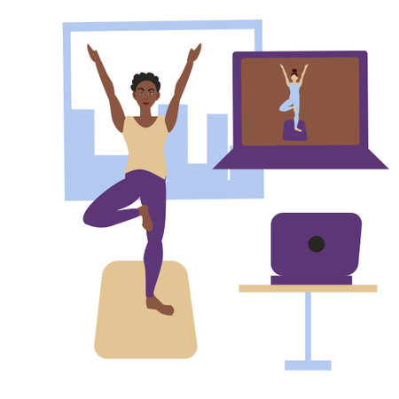 Workout online Dark-skinned doing yoga Coach leads workout on webcamのイラスト素材