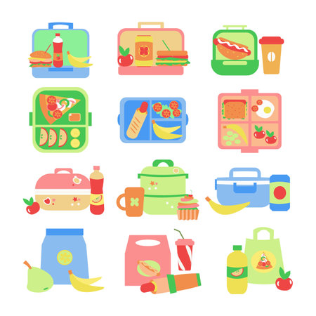 Set of lunch box and food Flat illustrationのイラスト素材