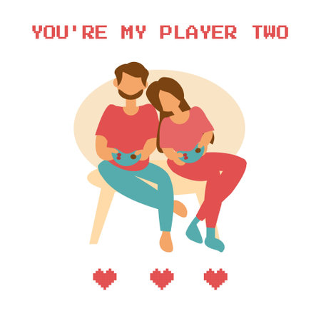 Couple playing consoles You are my player two card Flat illustrationのイラスト素材