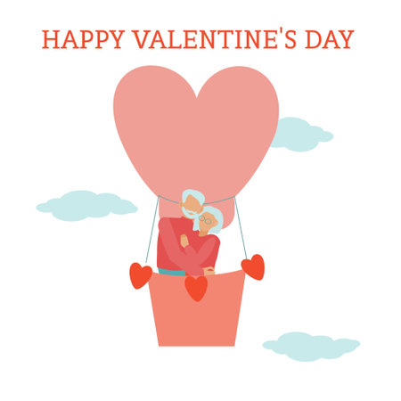 St Valentine card Old couple traveling by hot air baloon Flat illustrationのイラスト素材